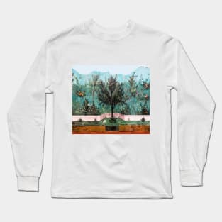 ANTIQUE ROMAN WALL PAINTING Flower Garden Flying Birds Pine,Quince ,Apple Trees Long Sleeve T-Shirt